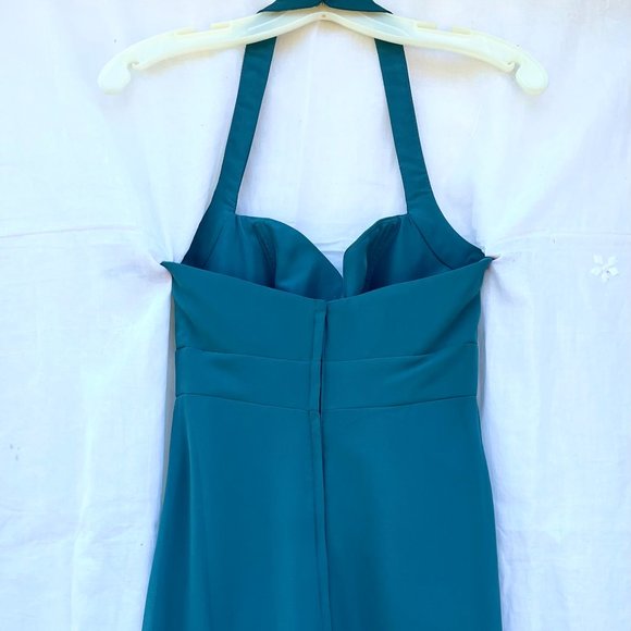 Alfred Angelo Short Bridesmaid Dress SZ 2 Teal Green "Tealness" Halter Chiffon - Picture 3 of 6